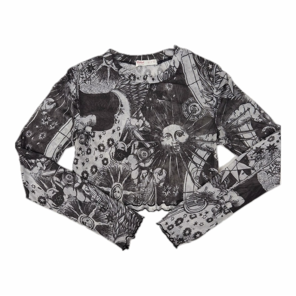 Celestial Print Sheer Crop Top Sun Moon Small White & Black Mesh Y2K Festival